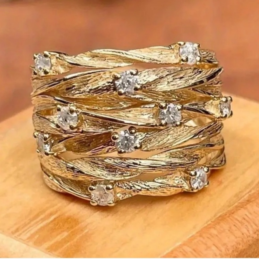 Multi-Layered Inlay Diamond Wide Gold Ring - Picture 2 of 6
